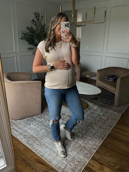 Casual spring outfit wearing the perfect lightweight sweater top that is bump friendly and my favorite maternity jeans! 

Top size small
Jeans 28/long
Sneakers true to size 

#LTKbump #LTKfindsunder100 #LTKstyletip