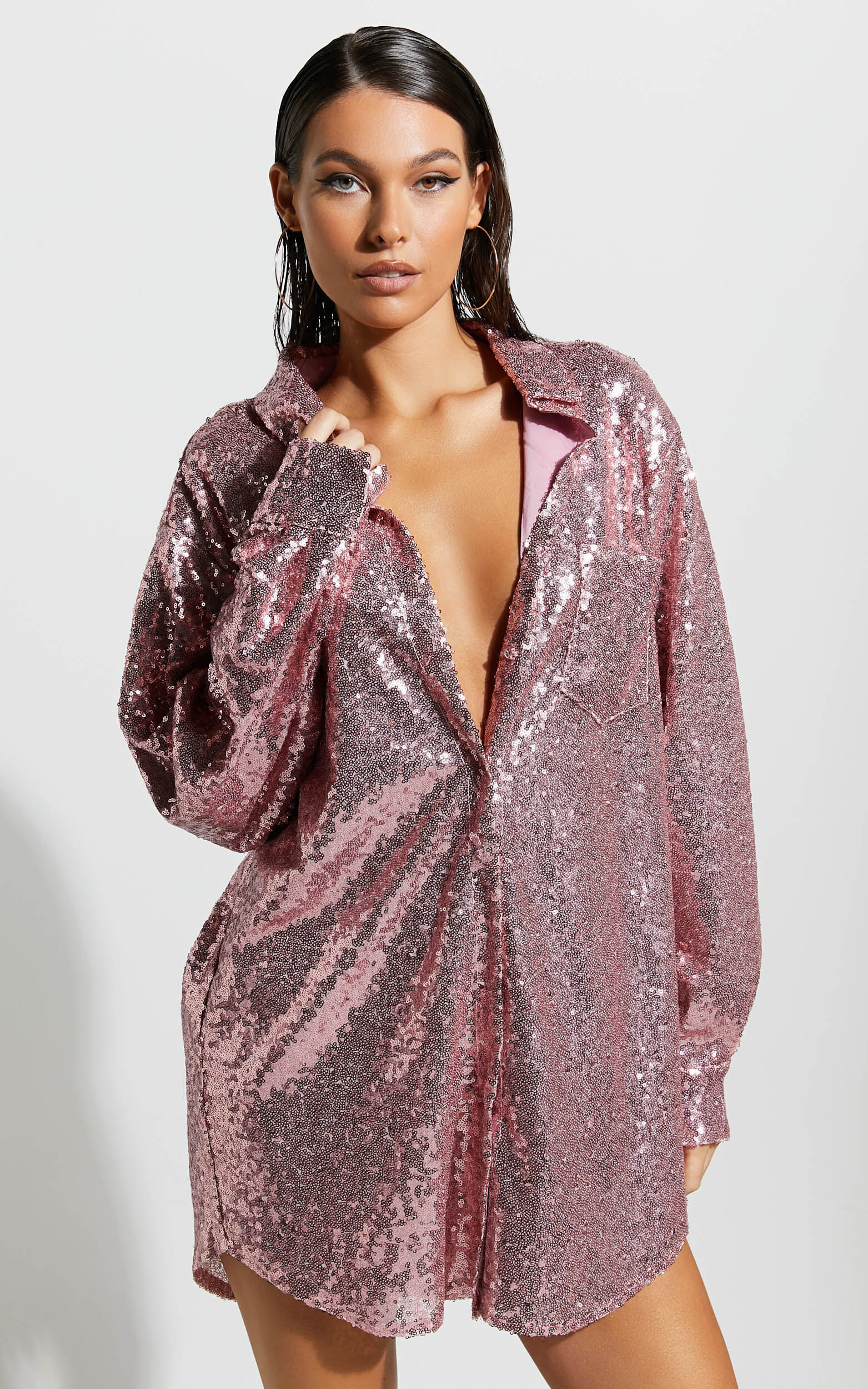 Cally Mini Dress - Oversized Shirt Dress in Lilac Sequin | Showpo (US, UK & Europe)