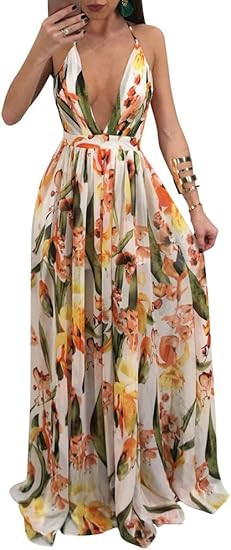 Remelon Womens Sexy Spaghetti Strap Deep V Neck Floral Boho Criss Cross Backless Chiffon Beach Pa... | Amazon (US)