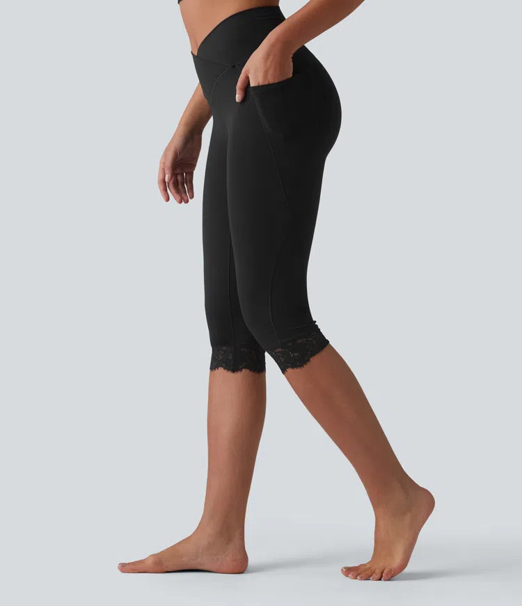 SoftlyZero\u2122 Crossover High Waisted Contrast Lace Yoga Pedal Pusher Leggings with Pockets | HALARA