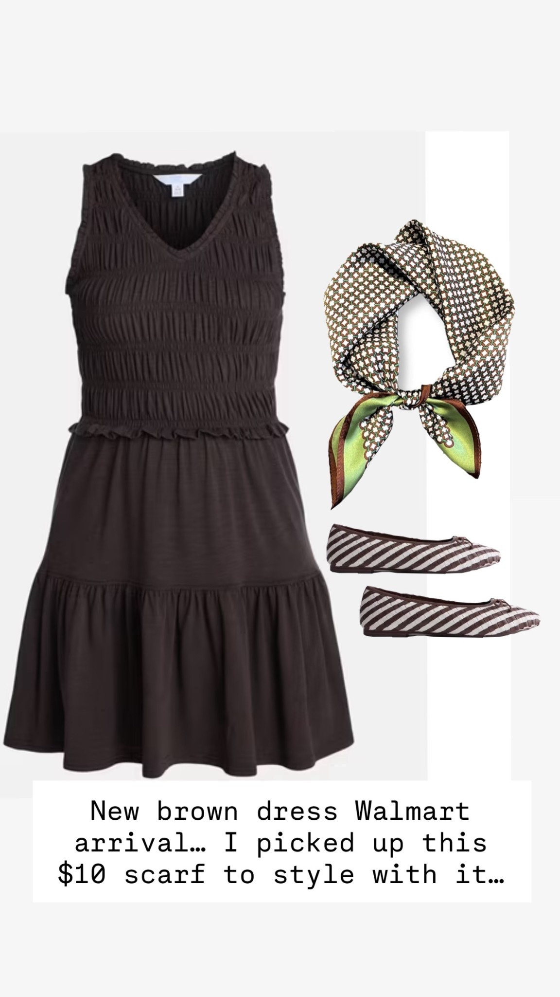 Under $20 new Walmart arrival cute dress that I added these Fun brown and white striped flats and Amazon scarf  