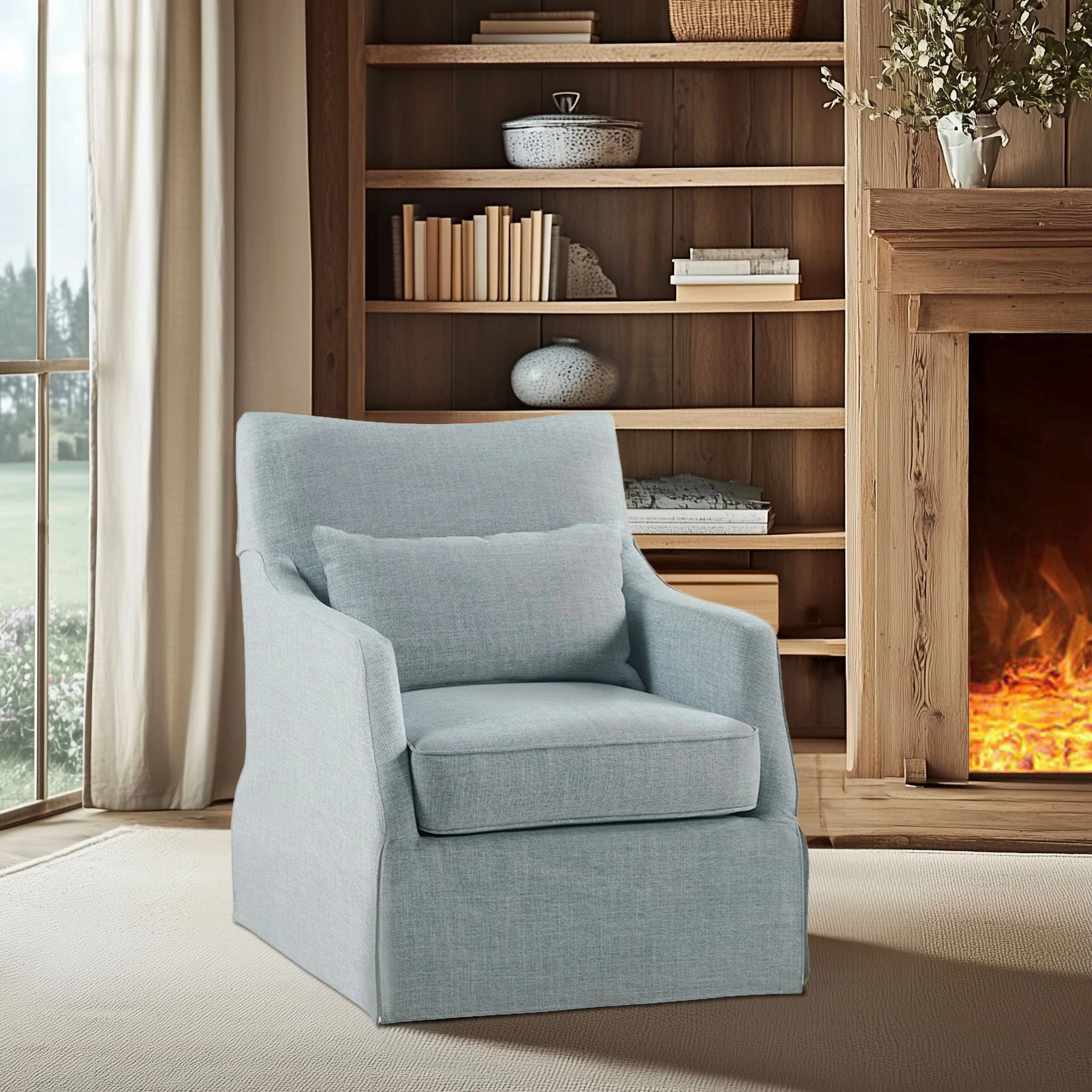 Martha Stewart London Farmhouse Skirted Swivel Chair with Lumbar Pillow | Wayfair North America