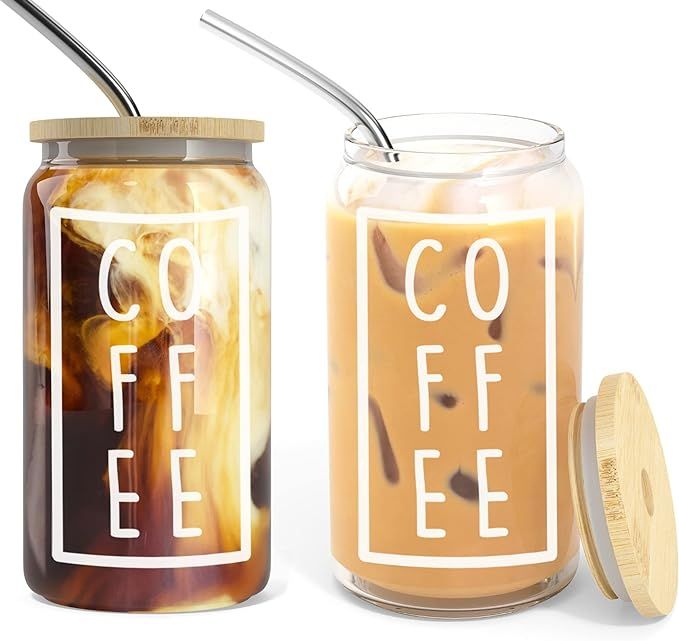 Set of 2 | 16 oz Iced Coffee Cup with Bamboo Lids + Straws | Mason Jar Cups & Iced Coffee Tumbler... | Amazon (US)