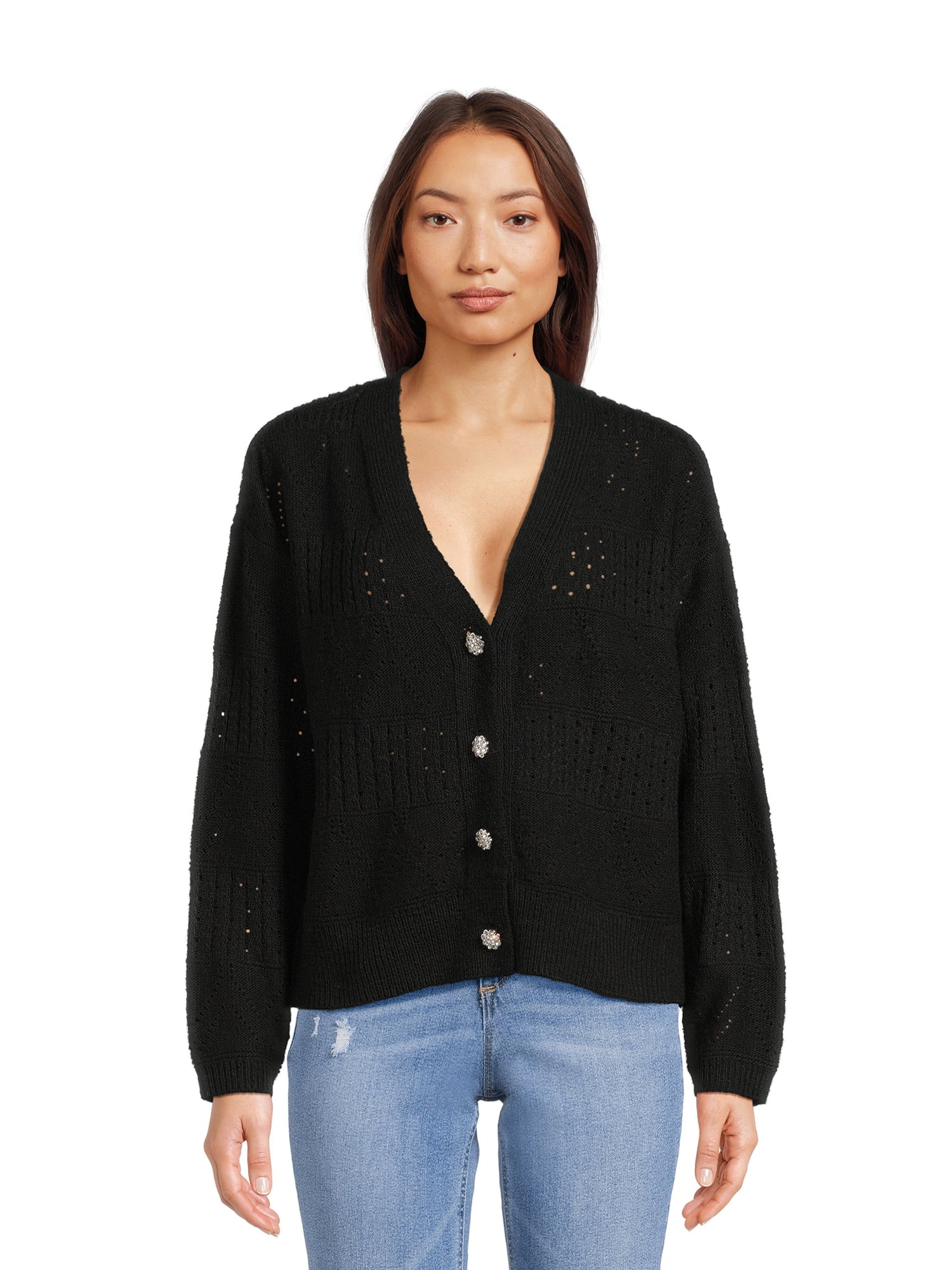 Time and Tru Women's Cardigan Sweater with Jewel-Like Buttons, Midweight, Sizes S-XXXL | Walmart (US)