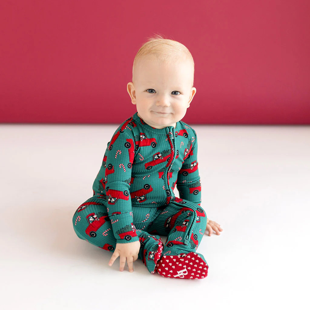 Disney Green One Piece Baby Footie Pajamas | Disney Yuletide Mickey Mouse | Posh Peanut