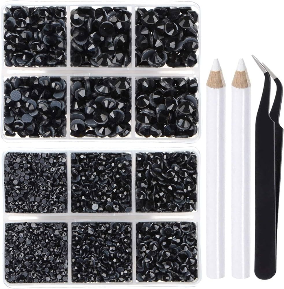 LPBeads 6400 Pieces Hotfix Rhinestones Black Flat Back 5 Mixed Sizes Crystal Round Glass Gems wit... | Amazon (US)