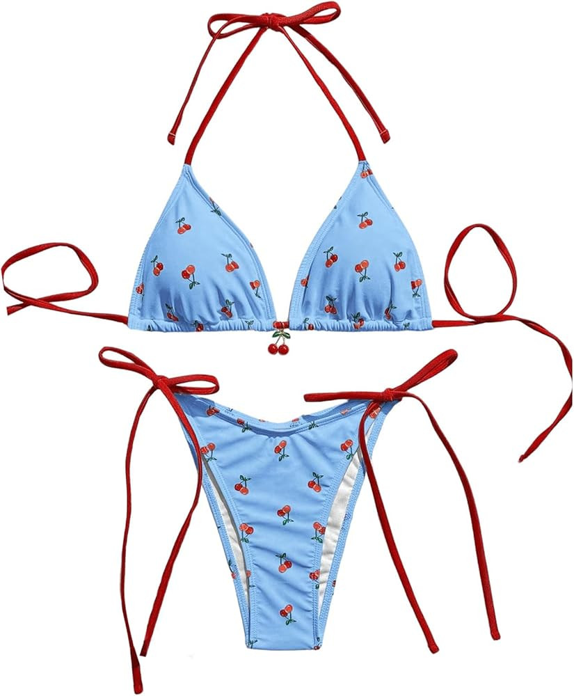 WDIRARA Women's 2 Piece Swimsuit Cherry Print Bikini Set Halter Triangle Bikini Side Tie String B... | Amazon (US)