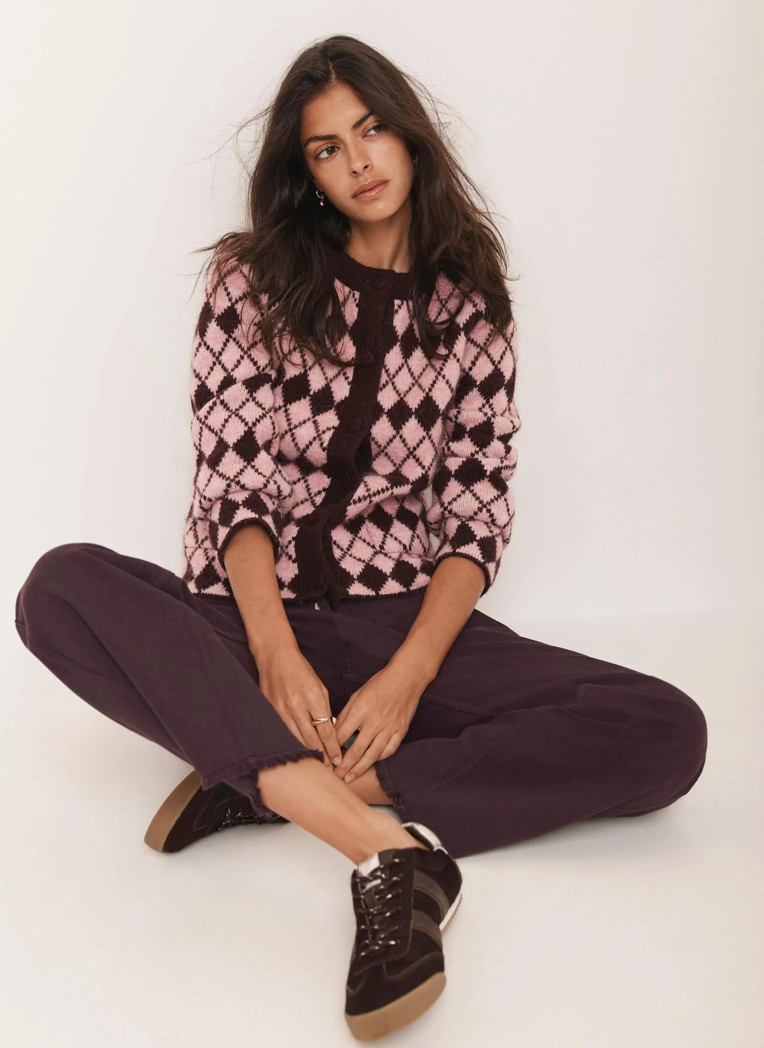 Burgundy Wool Blend Argyle Knit Cardigan | Mint Velvet