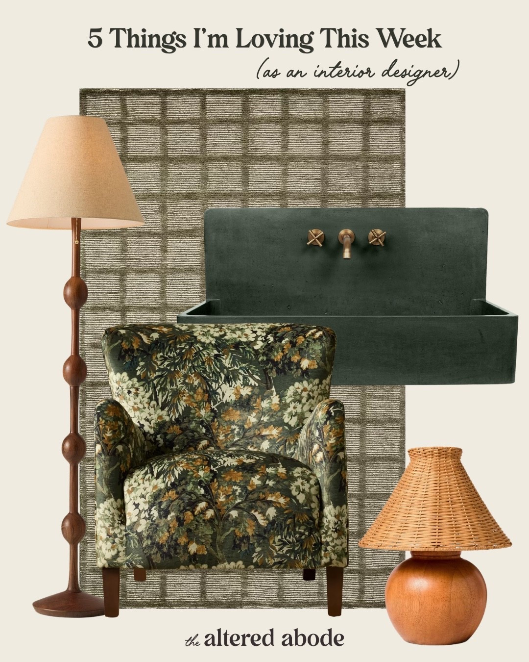 5 Things I’m Loving This Week (as an Interior Designer)

This week’s list is full of vintage and warm vibes. Like this green sink. And the perfect patterned lounge chair. Plus wood lamps and a mid century style wool rug. And as much green decor as we can fit into one list!

#LTKHome