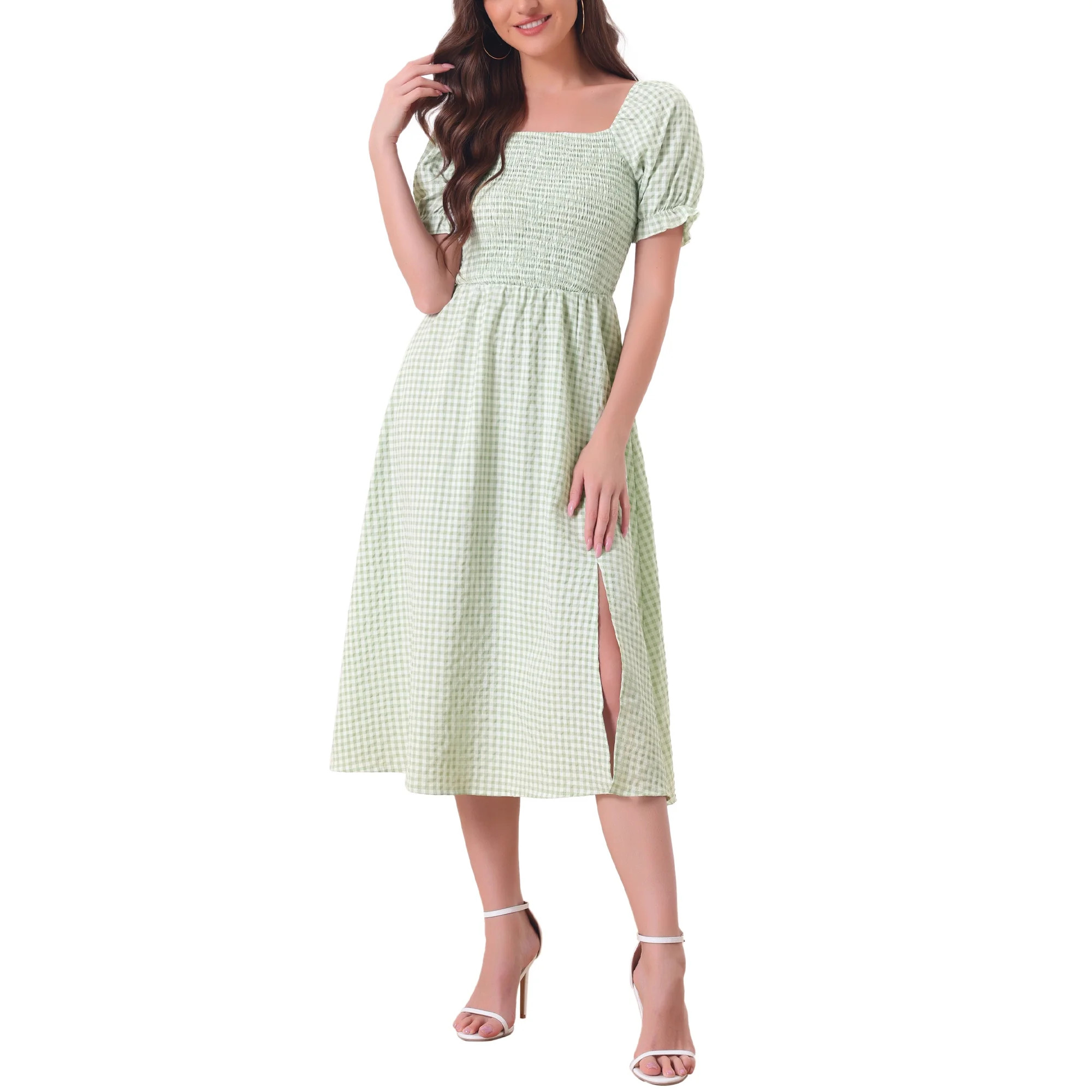 Allegra K Midi Dress for Women's Smocked Front Tie Back Checks Gingham Dresses XS Light Green | Walmart (US)