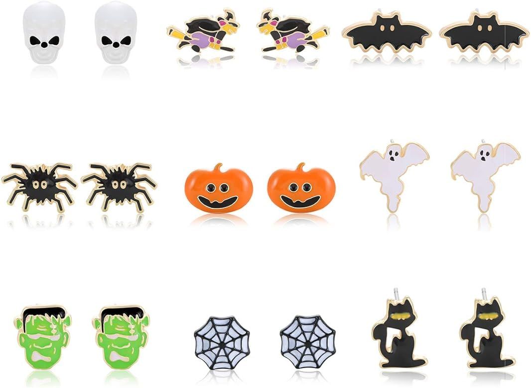 PHALIN Halloween Earrings Set, Spider Web Pumpkin Ghost Bat Drop Earring Studs for Women Girls Ha... | Amazon (US)