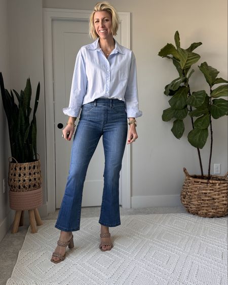 Kick flare jeans are flattering & easy to dress up with heels for smart casual work wear or date night.

I’m 5’10” & wearing a size medium in these pull on, super stretchy jeans. 
Use my code: SARAHKELLYXSPANX for 10% off + free shipping 

#LTKstyletip #LTKover40 #LTKVideo