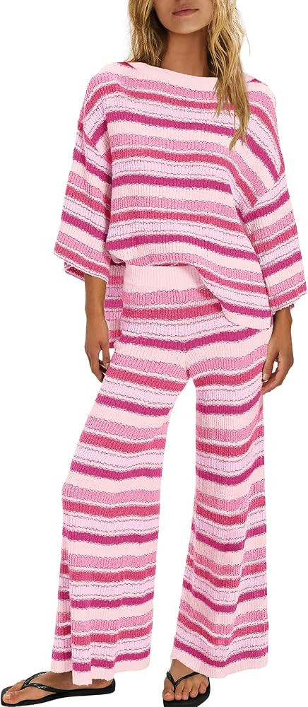 ReachMe Womens Oversized Striped 2 Piece Sets Sweater and Wide Leg Pants with Pockets Pajama Loun... | Amazon (US)