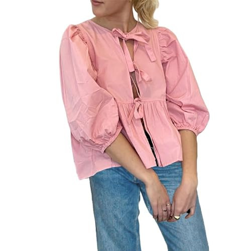 Womens Tie Front Tops Puff Sleeve Cute Y2k Babydoll Shirt Peplum Blouse Pink M | Amazon (US)