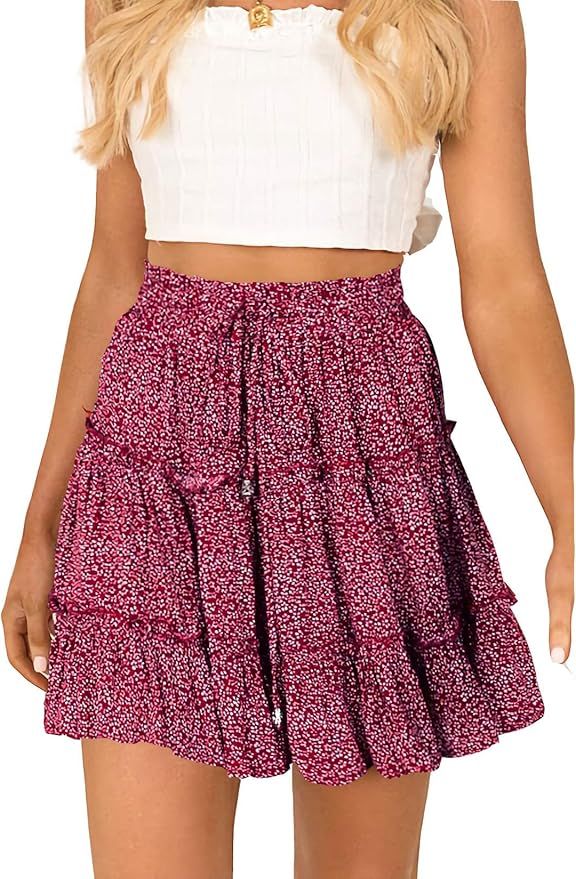 Alelly Women's Summer Cute High Waist Ruffle Skirt Floral Print Swing Beach Mini Skirt | Amazon (US)