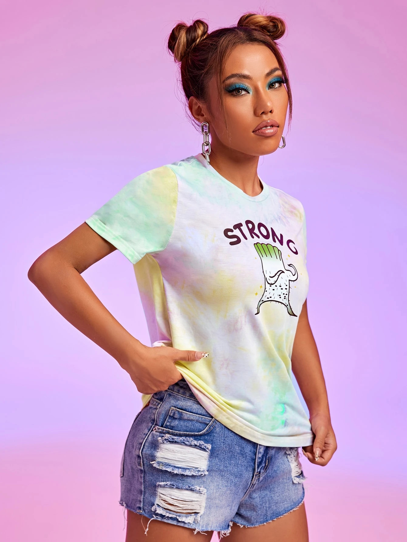 SHEIN X Sparklebombb! Letter & Cartoon Graphic Tie Dye Tee | SHEIN