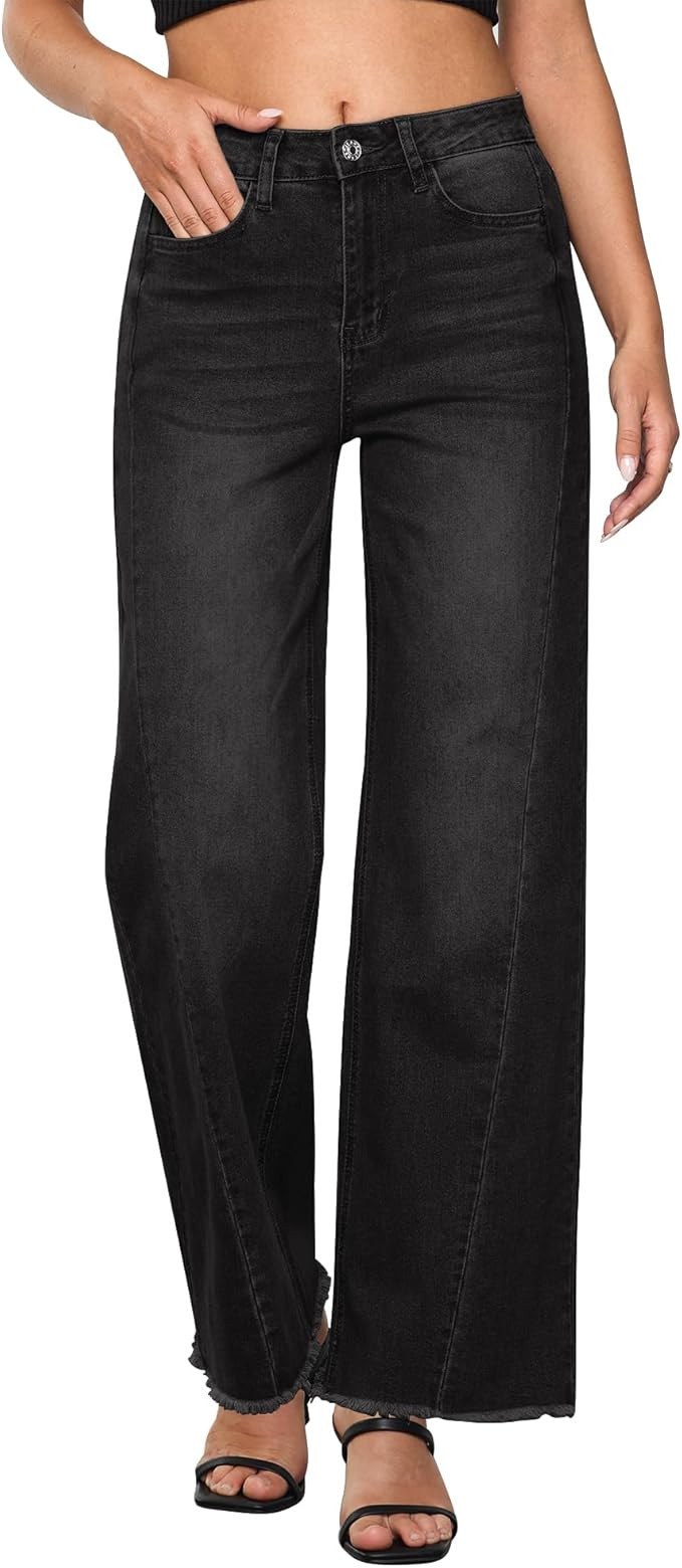 GRAPENT Wide Leg Jeans for Women High Waisted Trendy Strechy Denim Pants Side Seam Frayed Hem Bag... | Amazon (US)