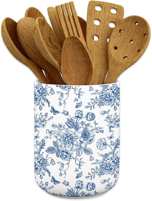 JarThenaAMCS Blue Chinoiserie Floral Ceramic Utensil Holder Vintage Flower Butterfly Utensil Croc... | Amazon (US)