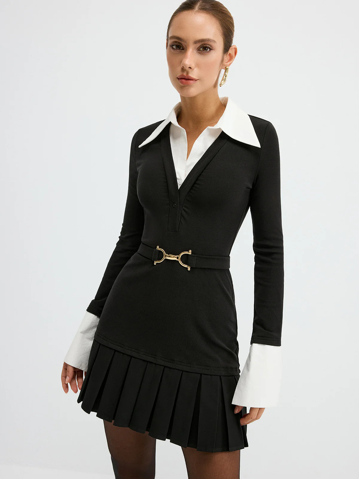 Contrast Shirt Paneled Belted Pleated Mini Dress | Commense