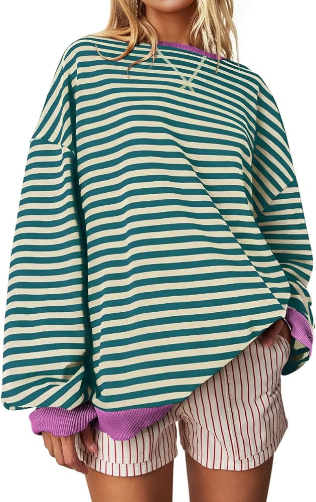 UEU Women Oversized Striped Crewneck Sweatshirt Long Sleeve Color Block Pullover Tops Casual Loos... | Amazon (US)