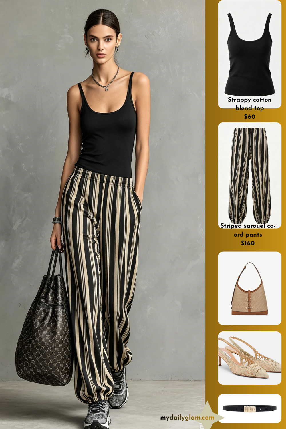 Effortless Casual Black Tank + Striped Jogger Pants Outfit
#CasualOutfit #StripedPants #EverydayFashion 

 #LTKootd #LTKOver40 #LTKWorkwear