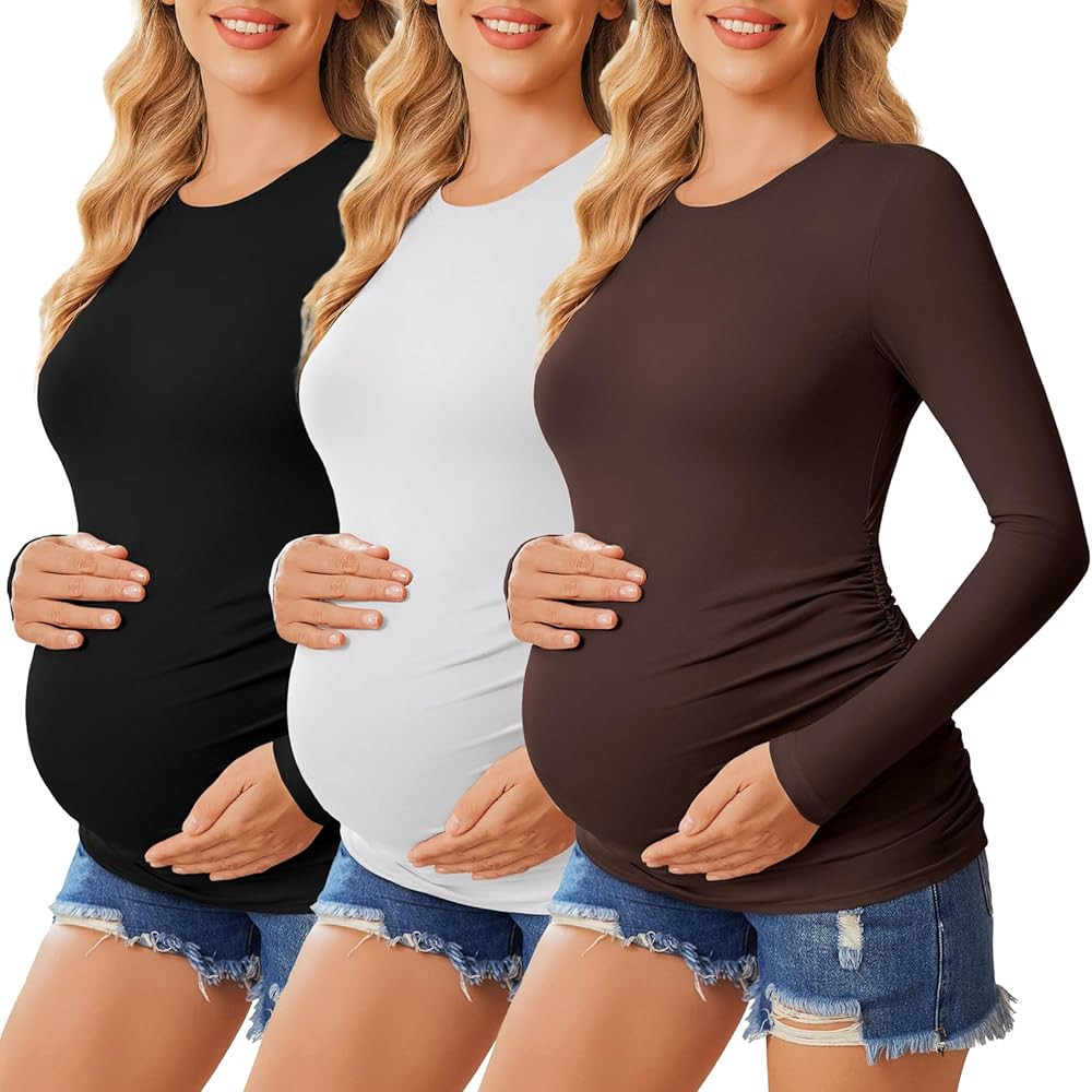 Ekouaer 3 Packs Maternity Shirts Crew Neck Long Sleeve Pregnancy Tee Tops Tunic Blouse Casual Mam... | Amazon (US)