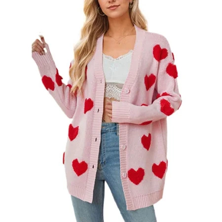 Cardigan Sweaters for Women Valentine s Day Heart Sweaters Oversized Cable Knit Button V Neck Long Sleeve Fall Fashion Outerwear Coat Alsol Lamesa | Walmart (US)