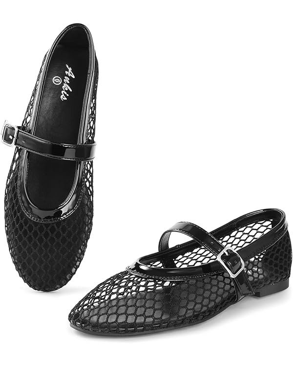 Ankis Mesh Ballet Flats for Women, Black Mesh Flats Buckle Strap Mary Jane Ballerina Flats Women'... | Amazon (US)