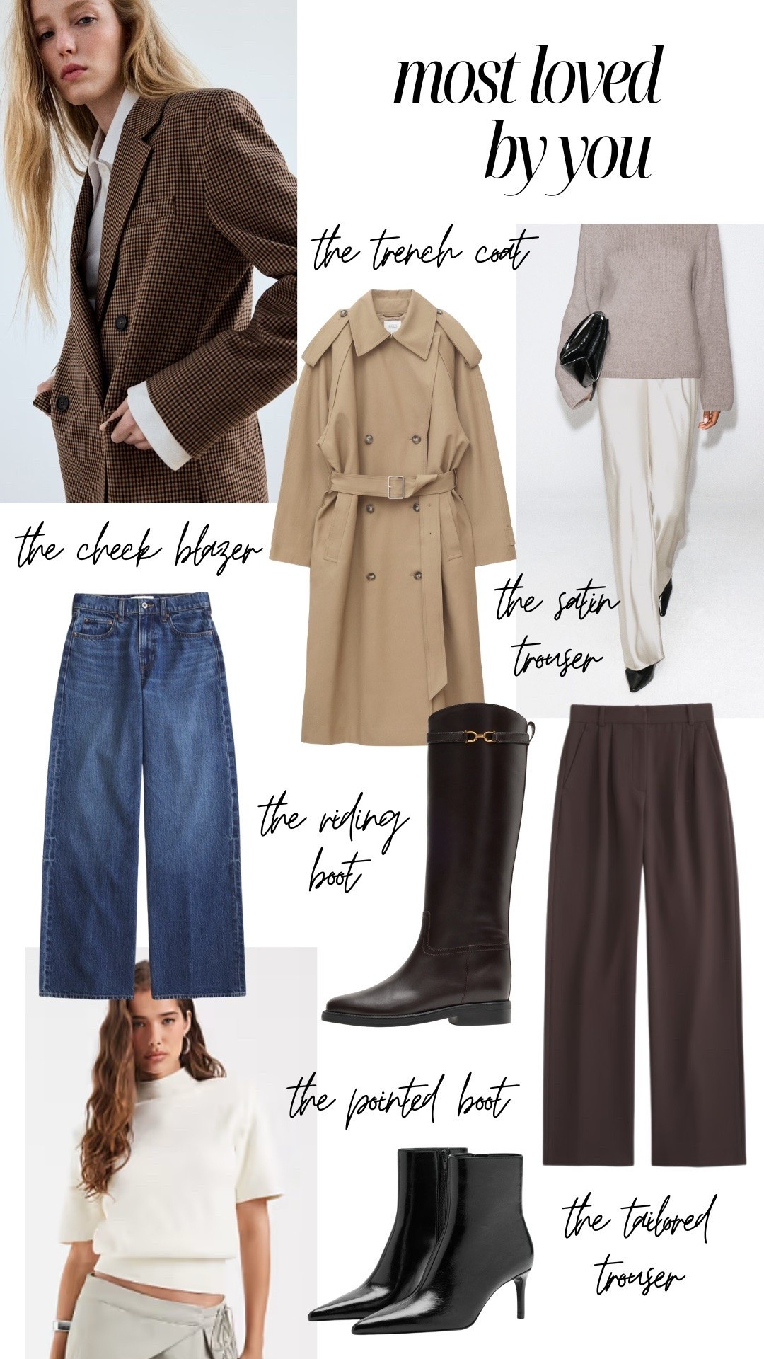 Most loved by you 🤎 autumn capsule and workwear favourites, trench coat, houndstooth check blazer, satin trousers, wide jeans and tailored trousers, riding boot and ankle pointed boots

#LTKFashionMonth #LTKautumn #LTKworkwear