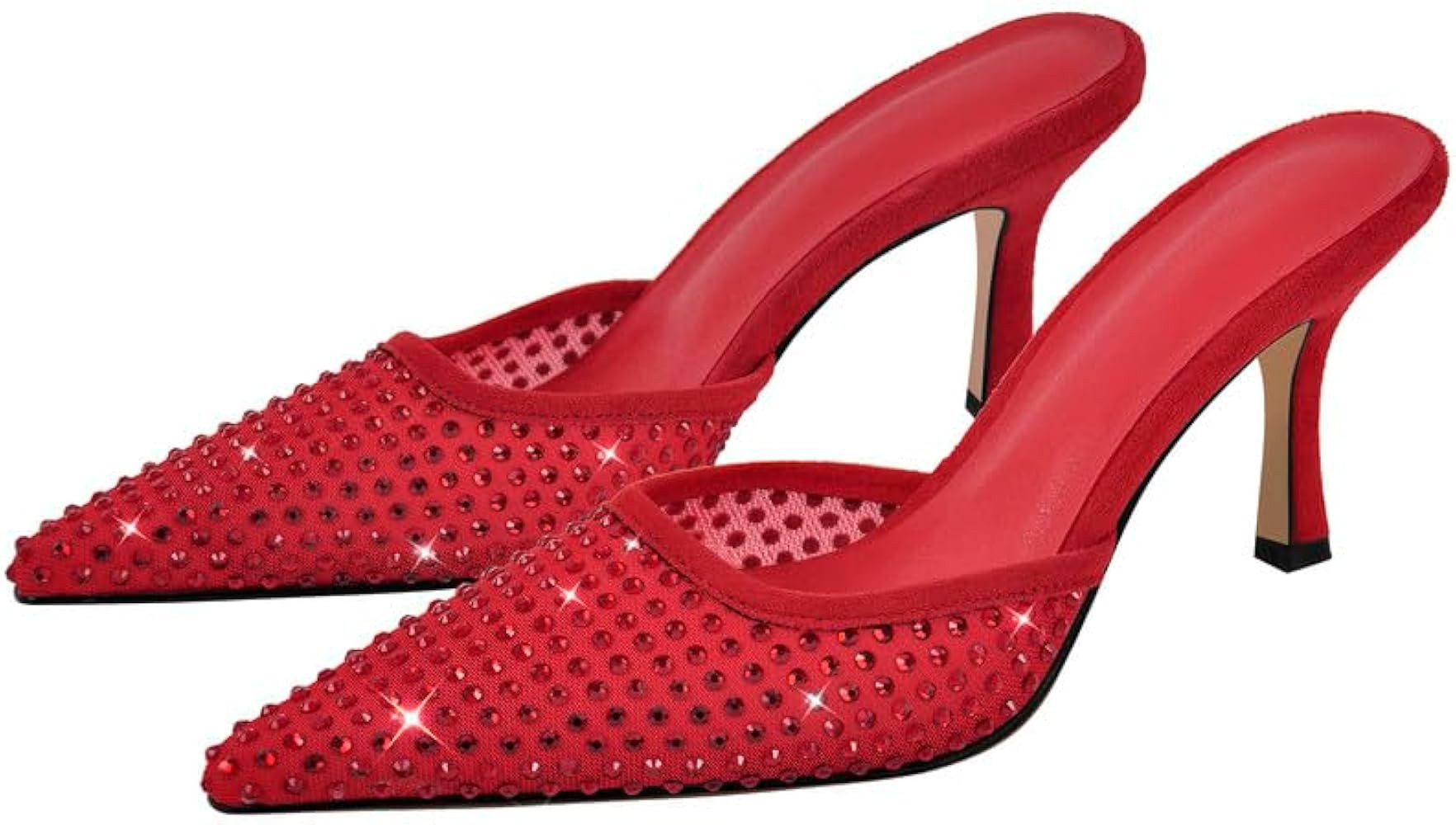 sexytag Rhinestone Mesh Kitten Heels for Women Slip On Mules Pointed Toe Pumps | Amazon (US)