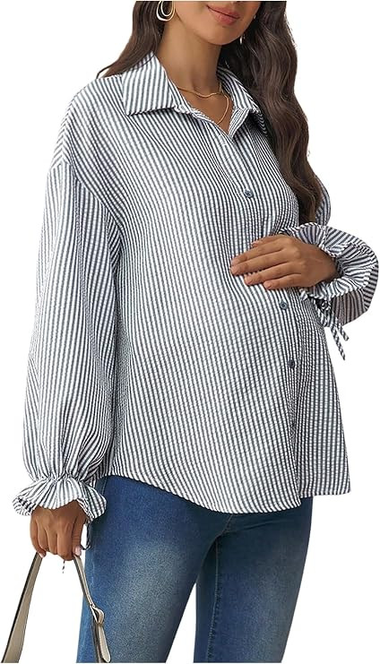 MakeMeChic Women's Maternity Blouse Spring Striped Long Sleeve Pregnancy Button Down Shirts | Amazon (US)