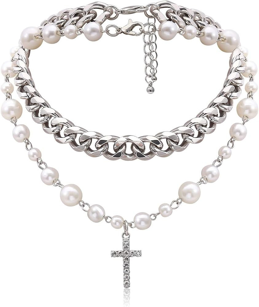Pearl Cross Necklace for Women Silver Layered Crystal Cross Pendant Punk Chain Choker Necklace Da... | Amazon (US)