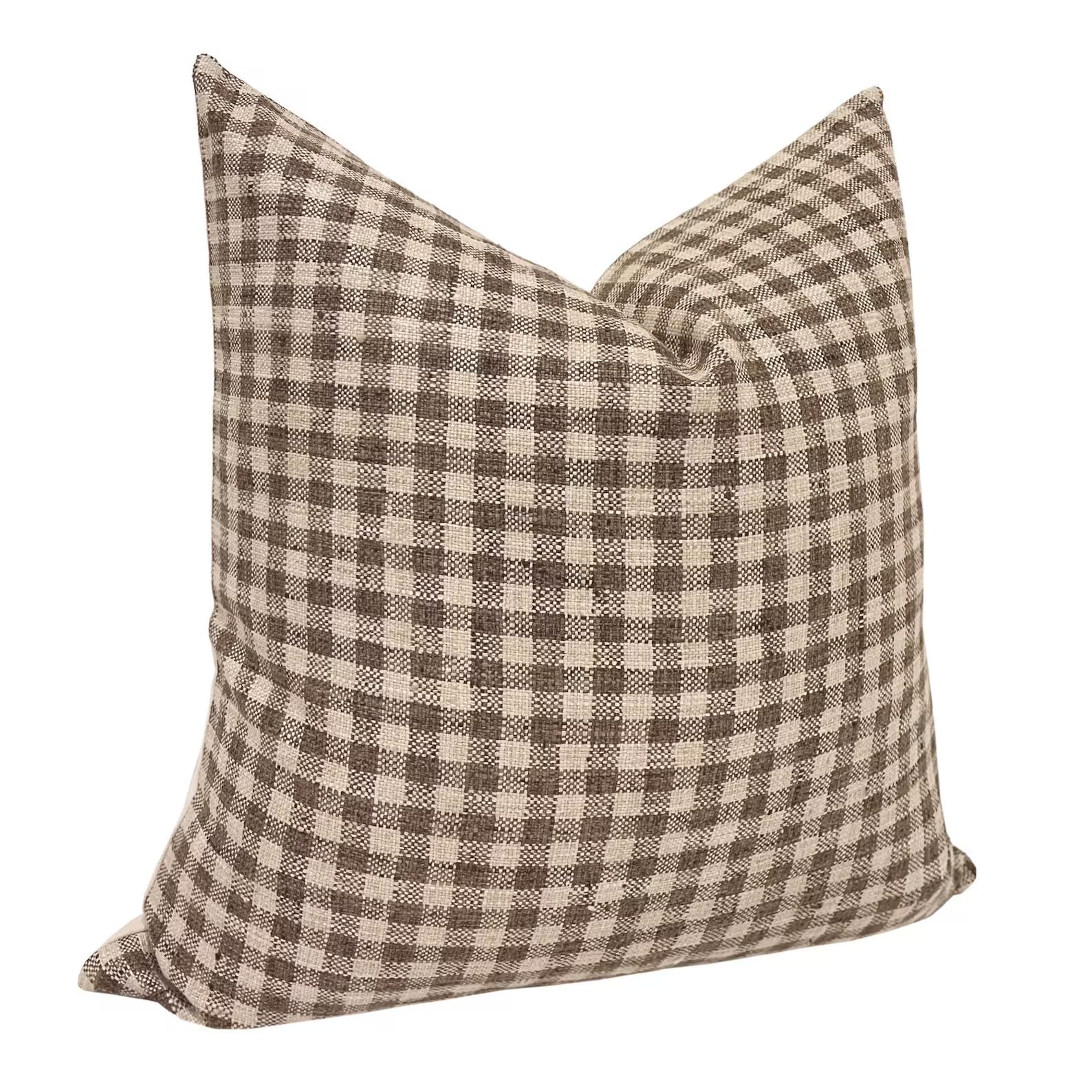 MABEL Designer Brown Gingham Linen Pillow Cover, Check Pillow, Gingham Pillow, Brown Pillow, Farm... | Etsy (US)