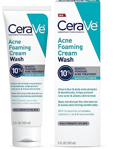 CeraVe Acne Foaming Cream Wash, Gentle Face and Body Cleanser with Benzoyl Peroxide 10%, Hyaluronic Acid, and Niacinamide, 10% Benzoyl Peroxide Treatment Clears Pimples and Blackheads 5 Oz | Amazon (US)
