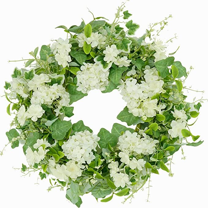 20 inches Spring Summer Wreath Hydrangea Wreath for Front Door with White Cherry Blossom,Eucalypt... | Amazon (US)