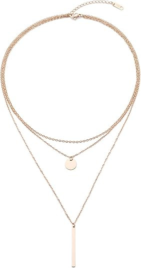 Disc Bar Pendant Layering Necklace Stainless Steel Layered Chain Choker | Amazon (US)