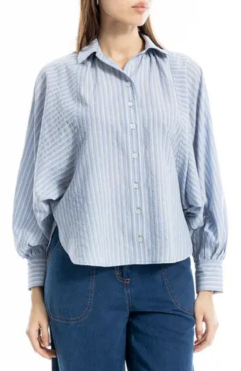 MAX STUDIO Pinstripe Button-Up Shirt in Blue/Indigo/Grey Pinstripe at Nordstrom Rack, Size Large | Nordstrom Rack