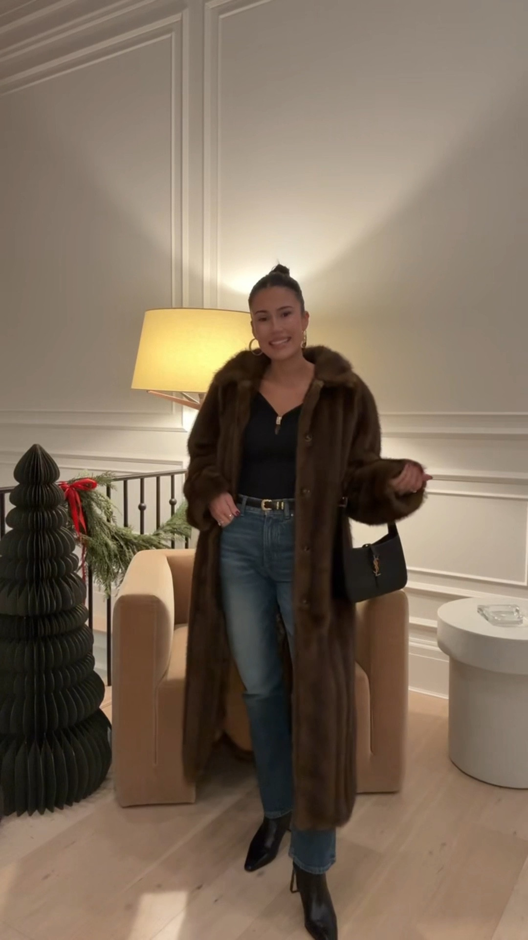 Holiday dinner outfit idea ✨ this holiday top is on sale at @abercrombie - final hours of sale! Extra 15% off with code: HOLIDAYRUSH 

@madewell jeans & @Anthropologie fur coat 

Abercrombie sale, holiday party outfit, holiday dinner outfit, Christmas dinner outfit 