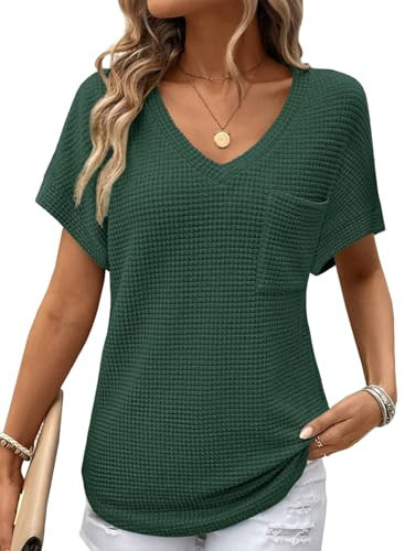 Dokotoo Womens Short Sleeve Solid Waffle Knit Summer Tops for Women 2025 Spring Dressy Casual V Neck Tops Blouse Plus Size Cruise Outfits Shirts Basic Tee Green Small | Amazon (US)