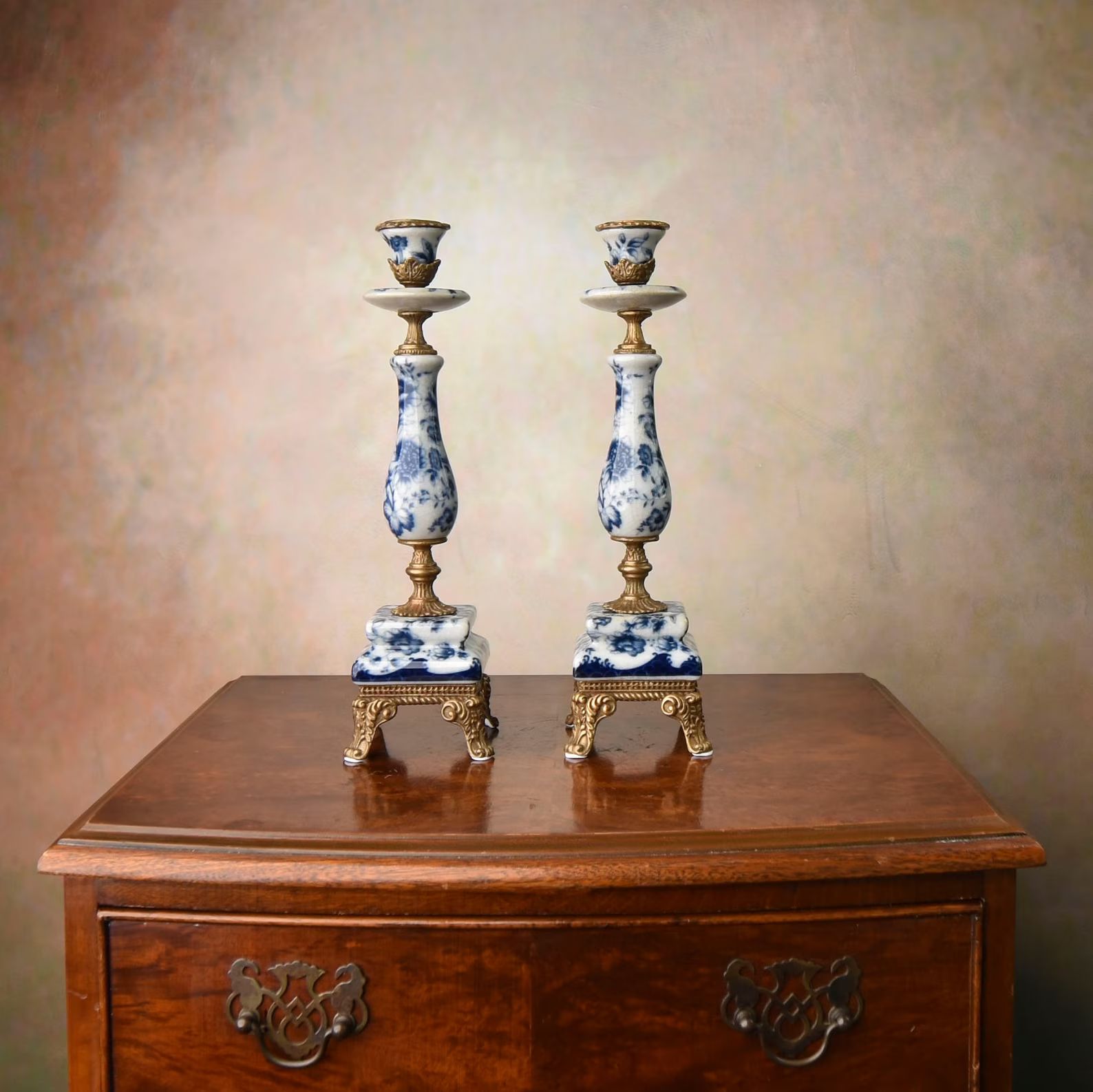 Charming Vintage Bronze-Mounted Porcelain Candlesticks with Blue Floral Motif Set of Two Unique S... | Etsy (US)
