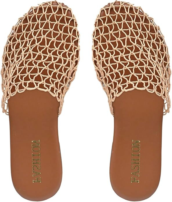 MakeMeChic Women's Summer Beach Hollow Out Flat Sandals Round Toe Slip on Vacation Beach Sandals | Amazon (US)