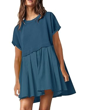 SAUKOLE Womens Summer Crew Neck Short Sleeve Dress Patchwork Pleated A Line Beach Mini Dress | Amazon (US)