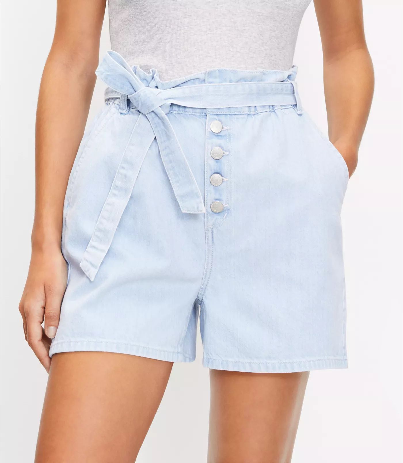 Paperbag Pull On Denim Shorts in Soft Washed Blue | LOFT | LOFT
