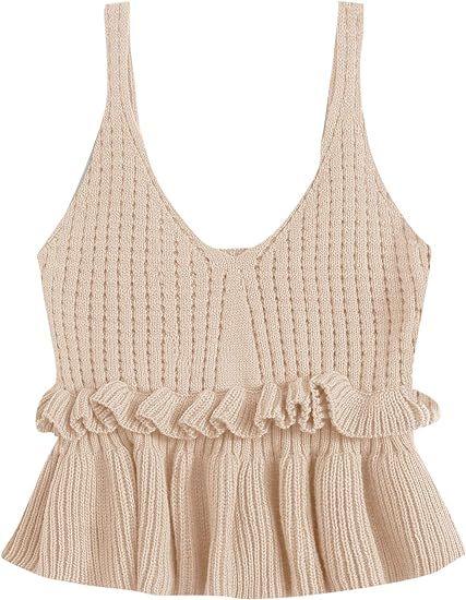 SweatyRocks Women's Casual Knit Top Sleeveless Ruffle Hem V Neck Peplum Crop Tank Top | Amazon (US)