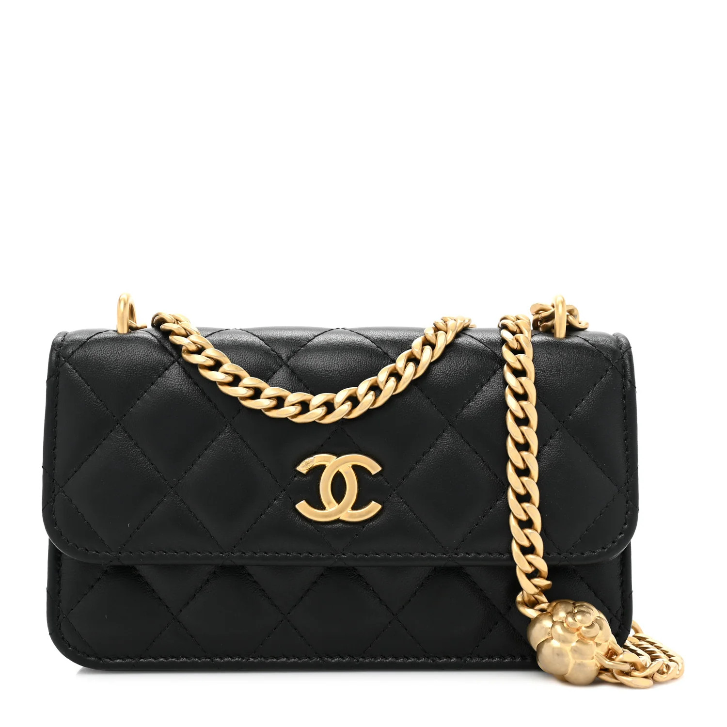 Lambskin Quilted Sweet Camellia Flap Phone Holder With Chain Black | FASHIONPHILE (US)
