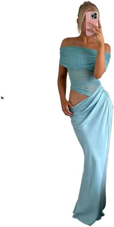 Women Off Shoulder Bodycon Maxi Dress Layered Mesh Ruched Hollow Out Party Formal Wedding Guest D... | Amazon (US)