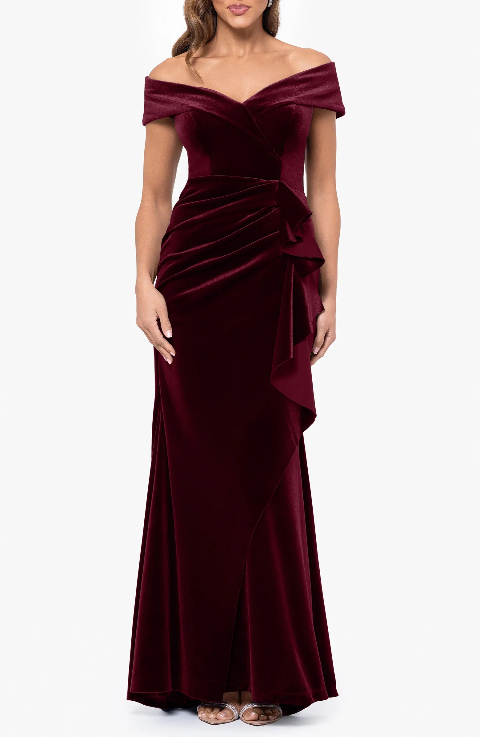Xscape Evenings Ruffle Off the Shoulder Stretch Velvet Gown | Nordstrom | Nordstrom