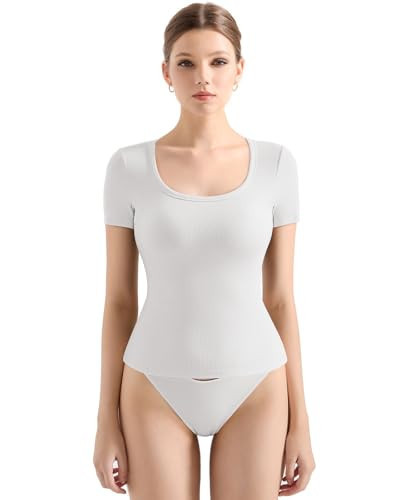 SUUKSESS Women Cotton Ribbed Scoop Neck Short Sleeve Top 2025 Summer Basic T Shirt(White, XS) | Amazon (US)