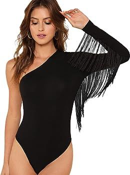 Verdusa Women's Fringe Trim One Shoulder Long Sleeve Bodysuit Top | Amazon (US)