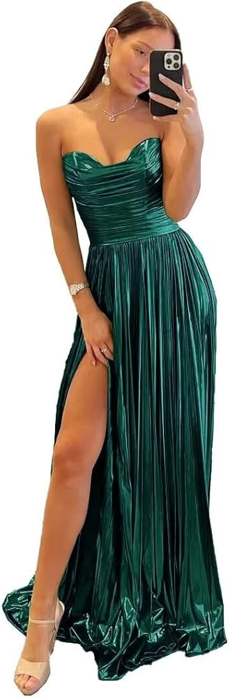 Strapless Sweetheart Mermaid Prom Dresses Long Satin Pleated Split A-Line Formal Evening Party Go... | Amazon (US)